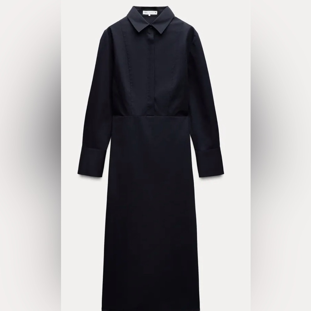 Zara Navy Poplin Long-Sleeve Shirt Dress